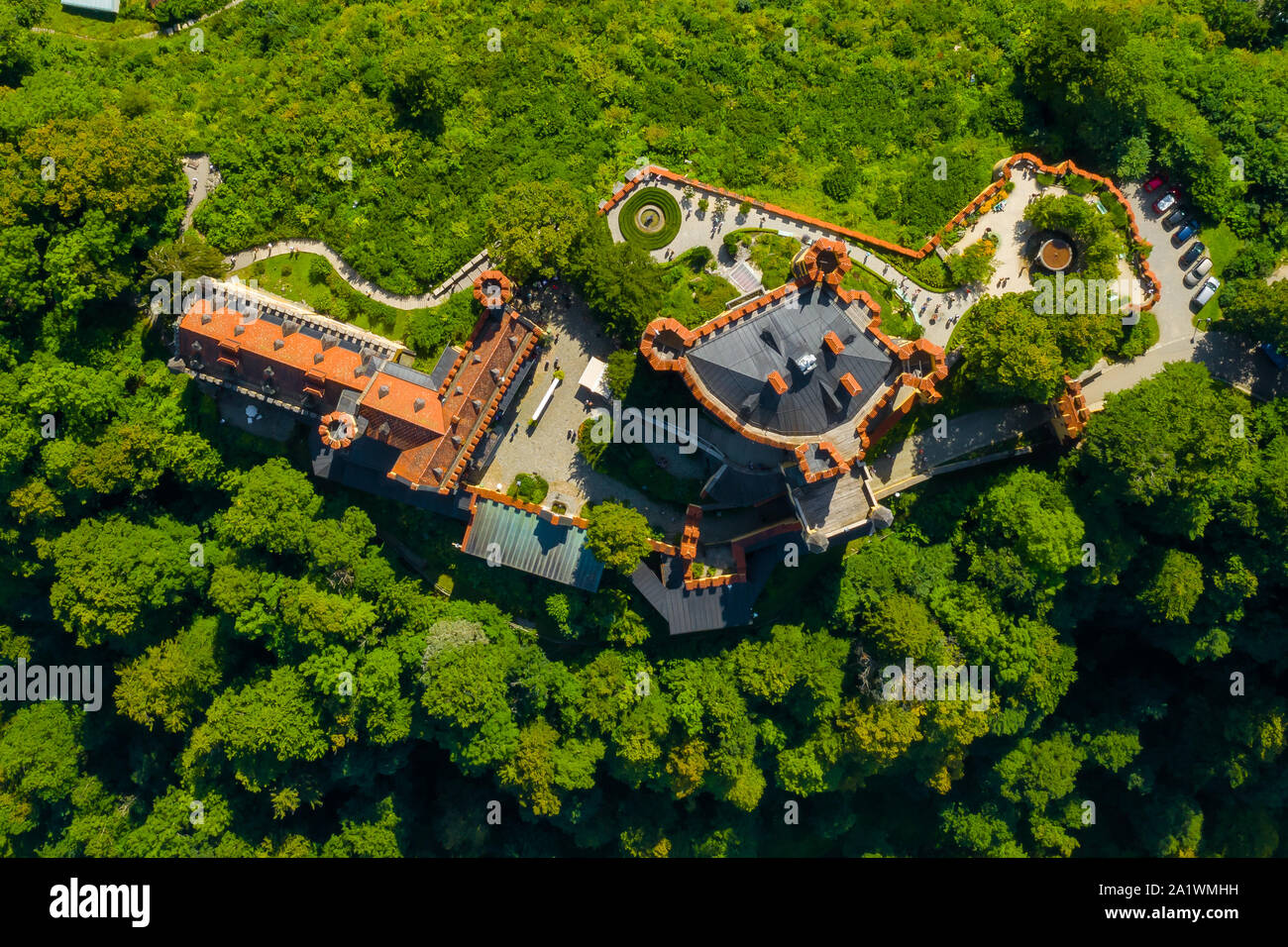 Blick auf das Schloss Hohenschwangau Schwangau, Bayern, Deutschland. Drone Bild der Landschaft mit Bäumen. Stockfoto