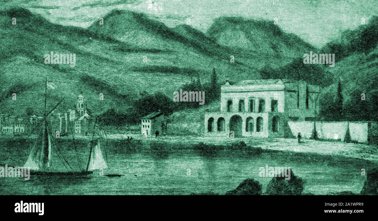 8. Juli 1822 - Casa Magni, Percy Bysshe Shelley's House in Lerici, Italien & sein Boot Ariel (Don Juan), in denen er ertrank. Stockfoto