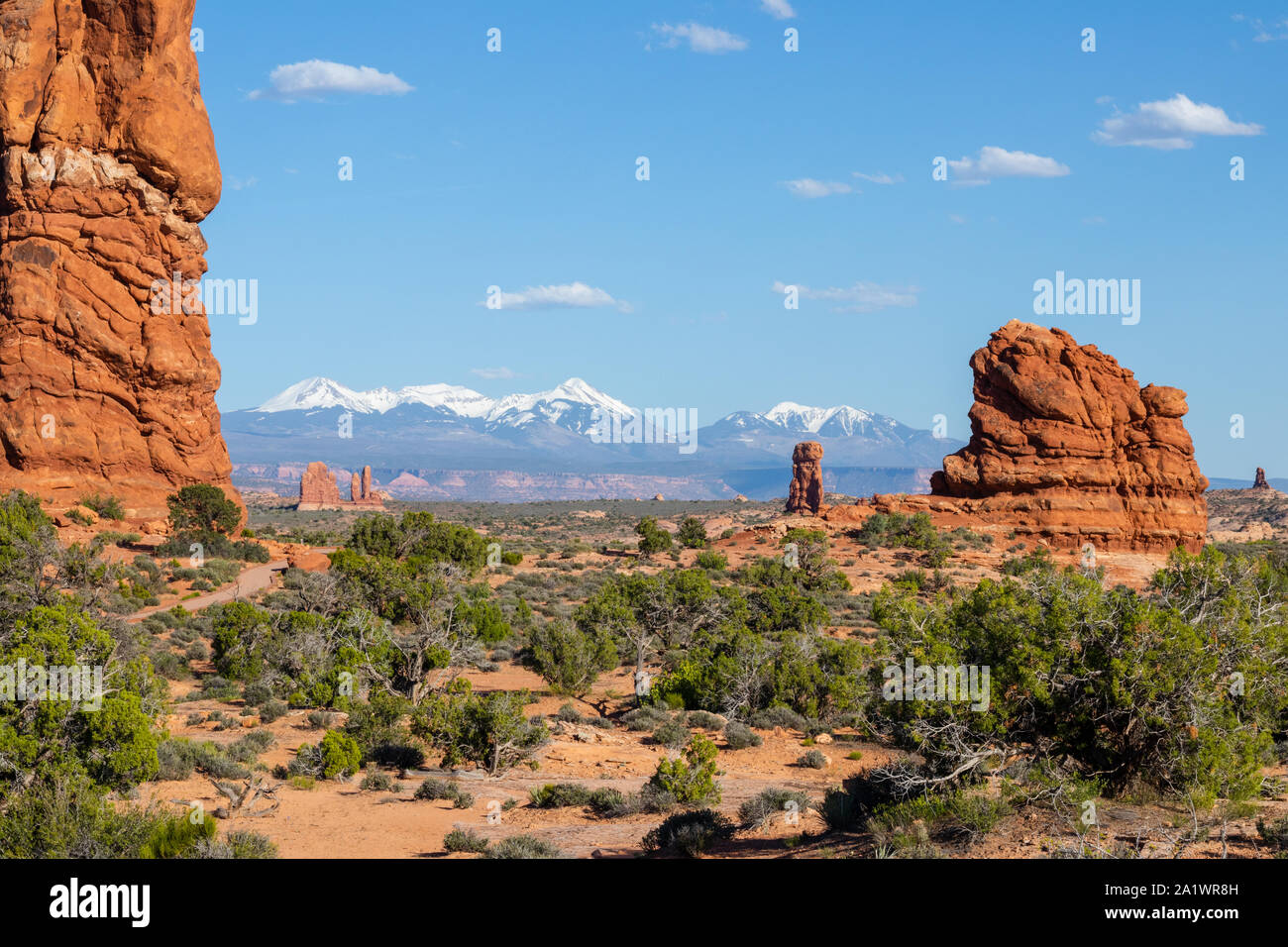 Arches National Park, Utah, Vereinigte Staaten von Amerika, Zarten Arch, die La Sal Mountains, Balanced Rock, Tourismus, Travel Destination. Stockfoto