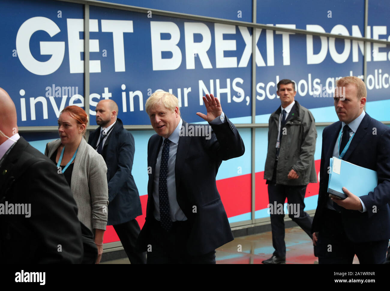 BORIS JOHNSON VERLÄSST DAS KONFERENZZENTRUM, 2019 Stockfoto