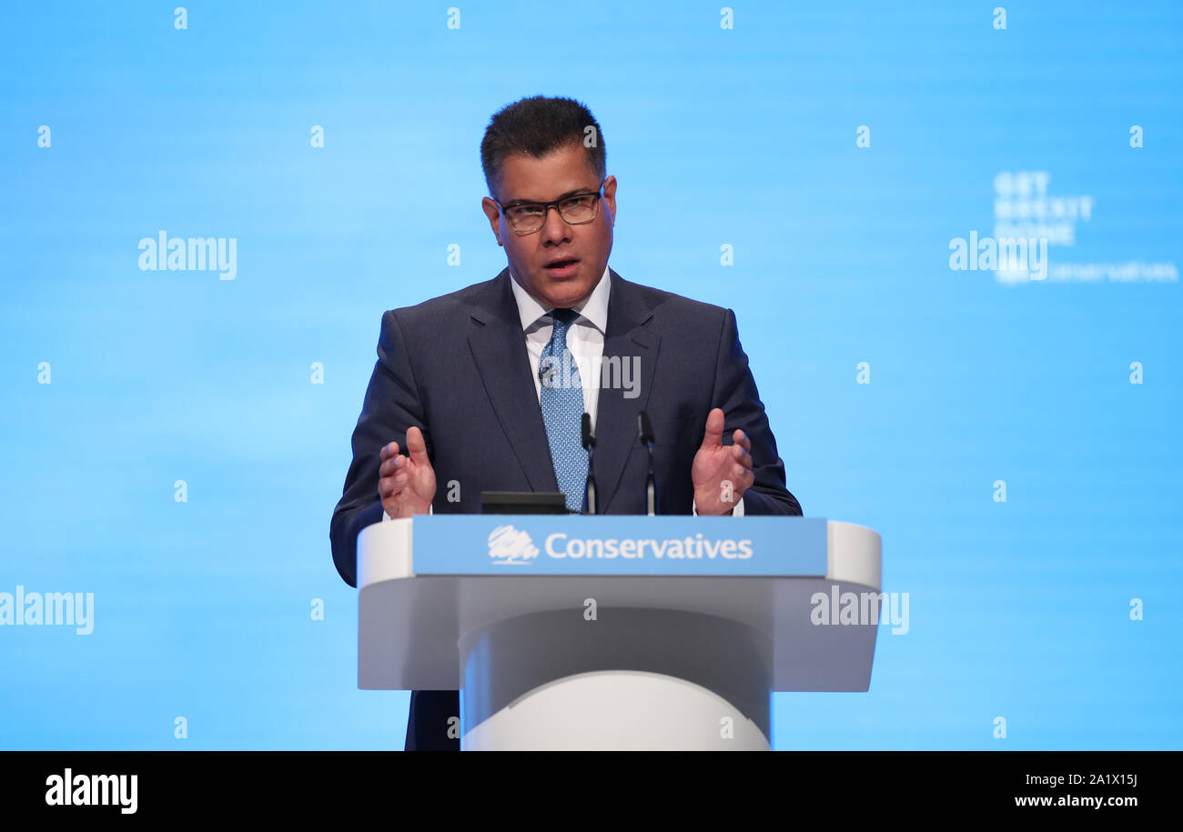 Minister für internationale Entwicklung Alok Sharma Rede auf dem Parteitag der Konservativen Partei in der Manchester Convention Center statt. Stockfoto