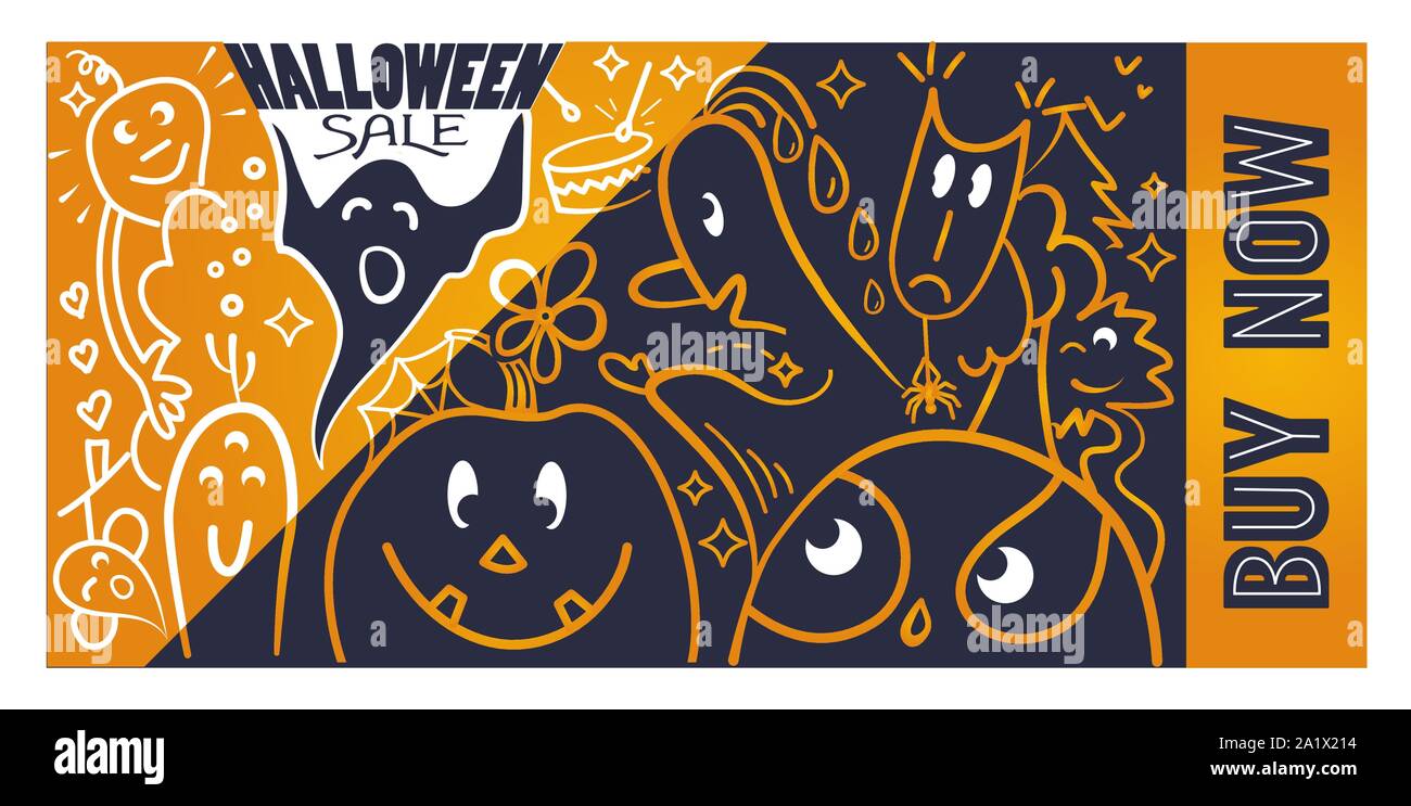 Halloween Verkauf mit lustigen Cartoon Gespenstern und Monstern in linearen Stil Stock Vektor