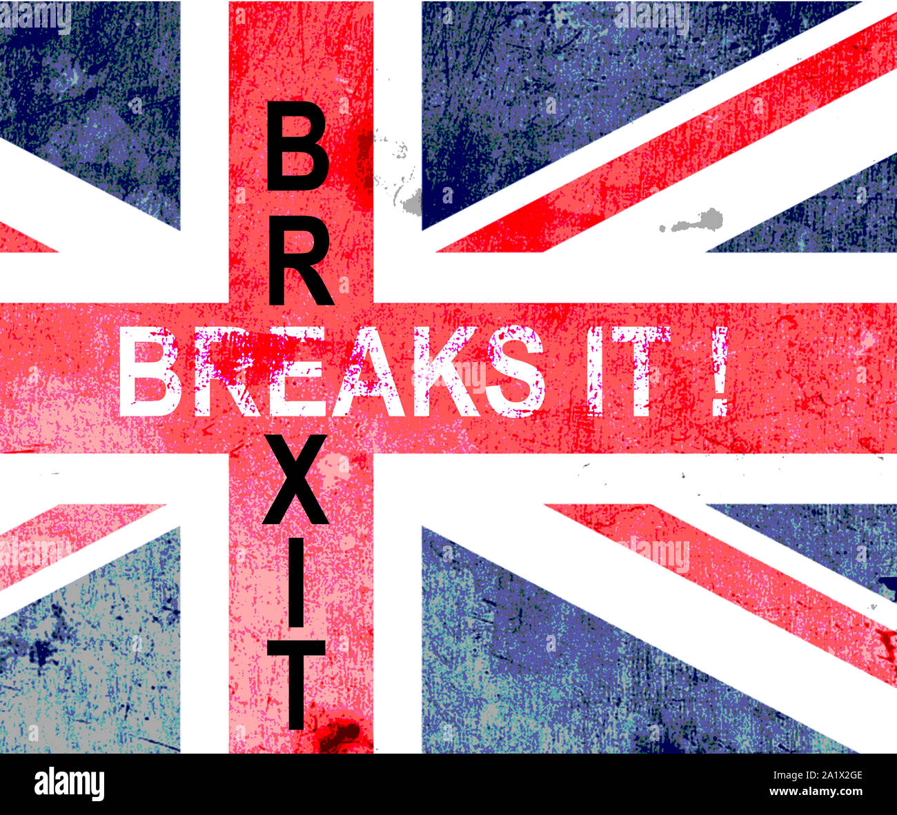 BREXIT, BRICHT ES!, grunge Großbritannien Union Jack mit den Worten über. Stockfoto