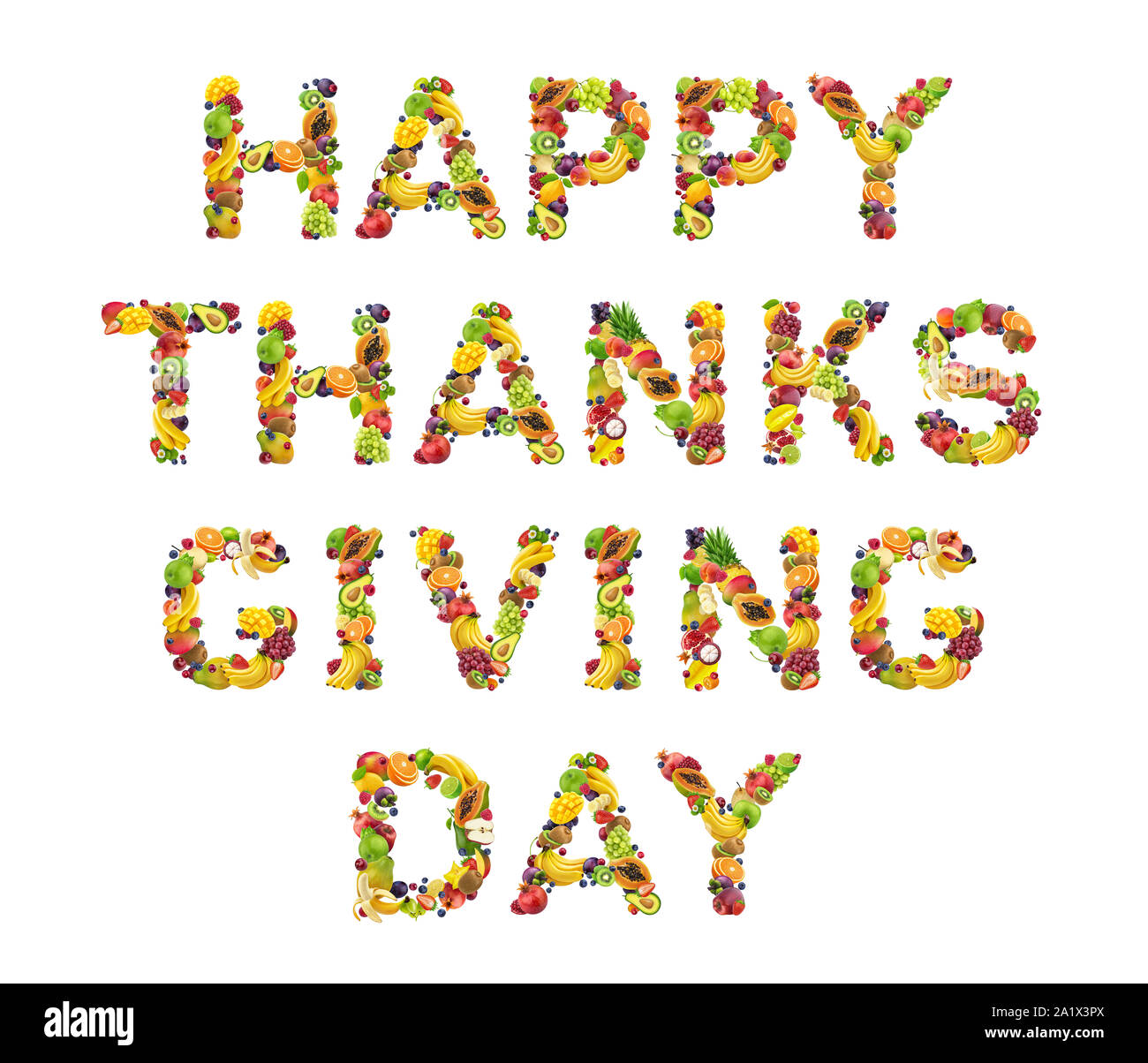 Happy Thanksgiving Day, Beschriftung von frischen Früchten und Beeren gemacht Stockfoto