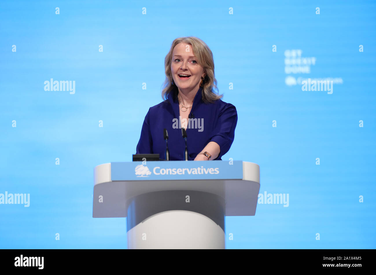 Der internationale Handel Sekretärin Liz Truss Rede auf dem Parteitag der Konservativen Partei in der Manchester Convention Center. Stockfoto