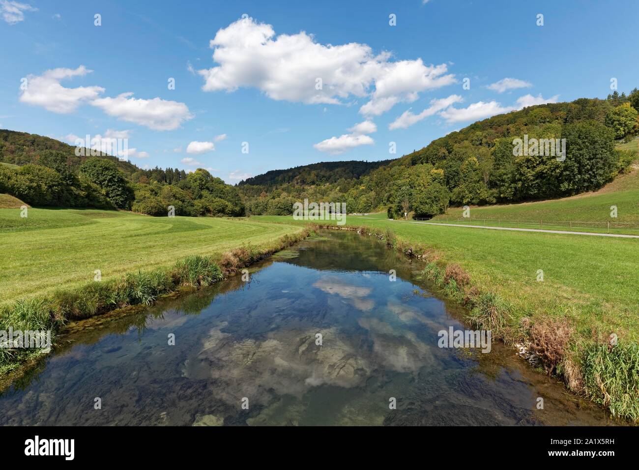 Sommer Landschaft mit Wiesen und Bäche, Tal der Zwiefalter Aach, Zwiefalten, Oberschwaben, Baden-Württemberg, Deutschland Stockfoto