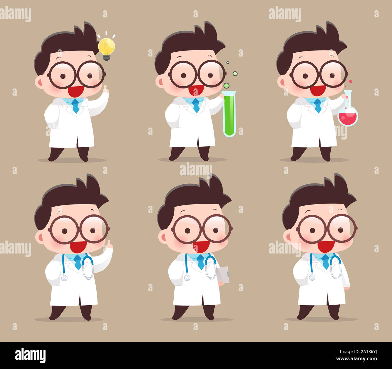 Cartoon Wissenschaftler mit Reagenzglas und Experimente, Idee, Konzept, mit Charakter Design, Vektor, Abbildung 10 EPS Stockfoto