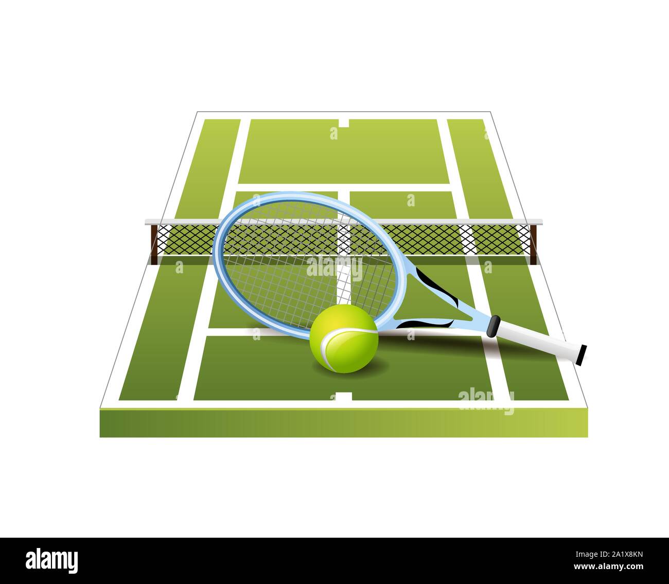 3d-grün Tennisplatz mit Net, Schläger und Ball Symbol auf weißem Hintergrund, Vektor Stock Vektor