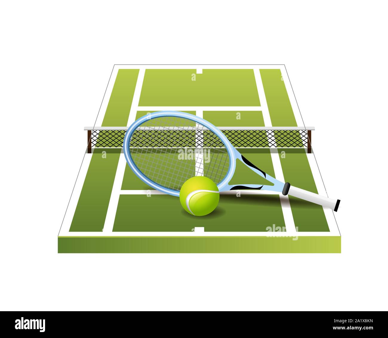 3d-grün Tennisplatz mit Net, Schläger und Ball Symbol auf weißem Hintergrund, Vektor Stock Vektor