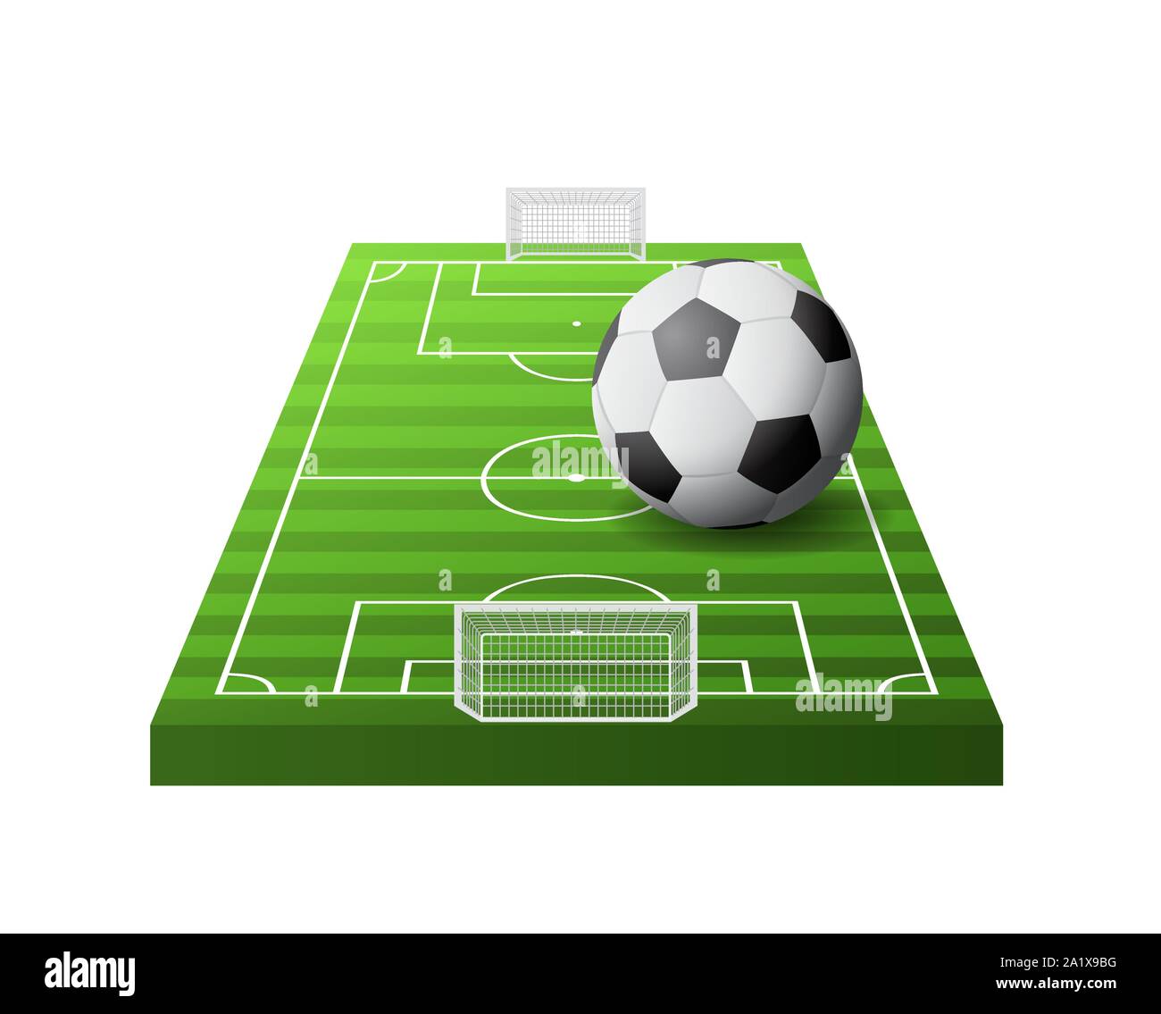 3d-Fußballplatz mit grünem Gras, Ziele und die weißen und schwarzen Kugel Stock Vektor