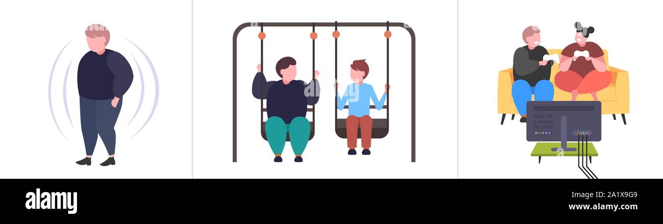 Fett übergewichtige Menschen in unterschiedlichen Posen Übergewicht männlich weiblich Zeichen Sammlung Übergewicht ungesunde Lebensweise Konzept Flachbild voller Länge horizontal einstellen Stock Vektor