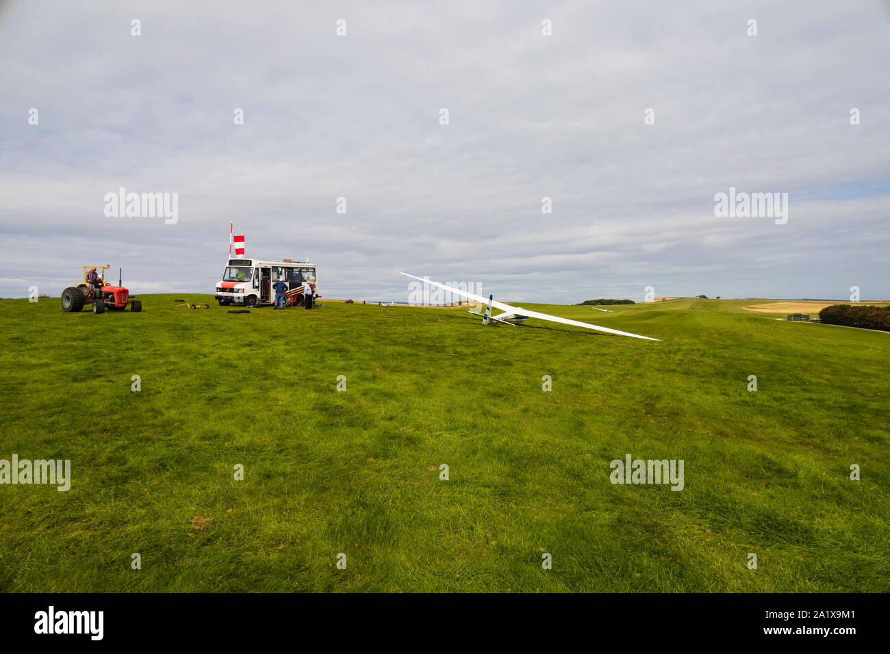 Drachen Startpunkt bei Derby und Lancashire Gliding Club, Camphill, Derbyshire, England. Stockfoto