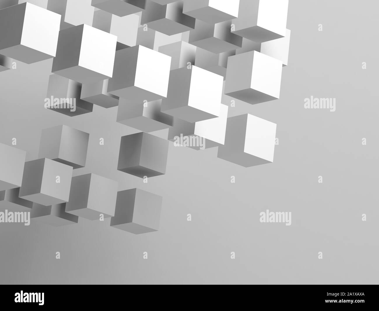Abstrakte weißen fliegenden Würfel Installation über leichte graue Wand. 3D Rendering illustration Stockfoto
