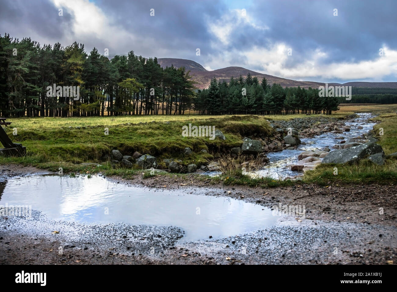 Allt Darrarie, kleinen Bach hinunter fließt der Fluss Muick gerade unter Loch Muick. Royal Deeside, Ballater, Aberdeenshire, Schottland, Großbritannien Stockfoto