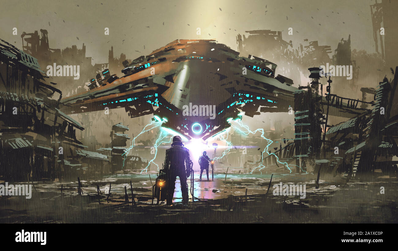 Die Begegnung zwischen zwei futuristischen Menschen mit dem Raumschiff im Hintergrund gegen eine verlassene Erde, digital art Stil, Illustration Malerei Stockfoto