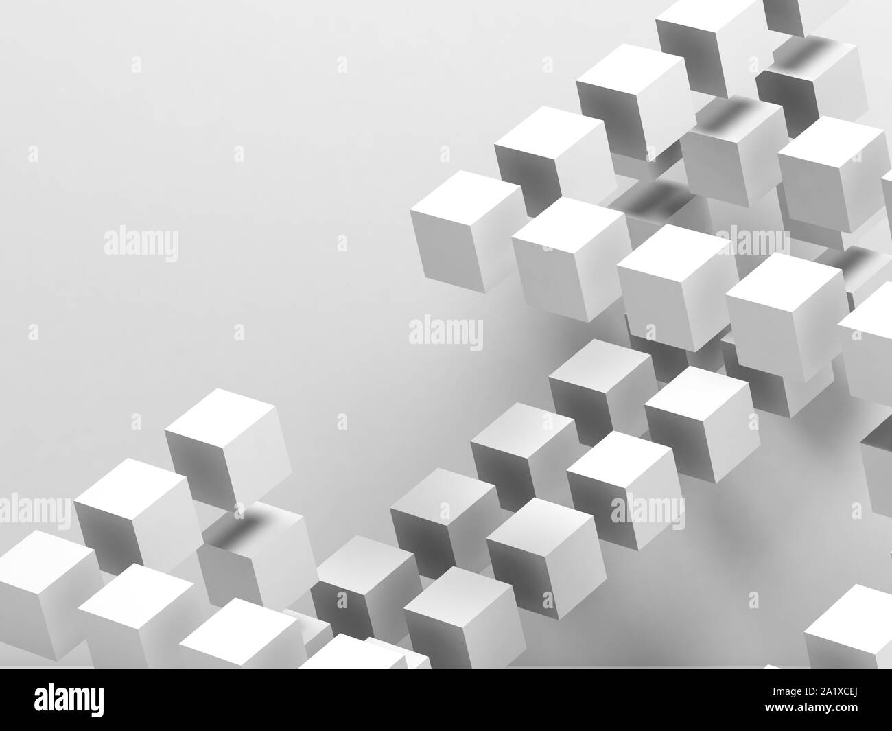 Weiße fliegen Würfel Struktur über weiße Wand. Abstrakte cg Hintergrund, 3D-Rendering illustration Stockfoto