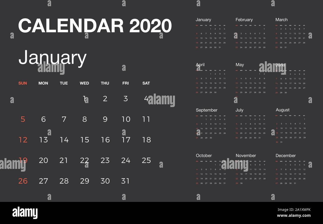 Kalender 2020 auf schwarzem Hintergrund mit hervorgehobenen Wochenende in Rot isoliert. Vector Illustration Stock Vektor