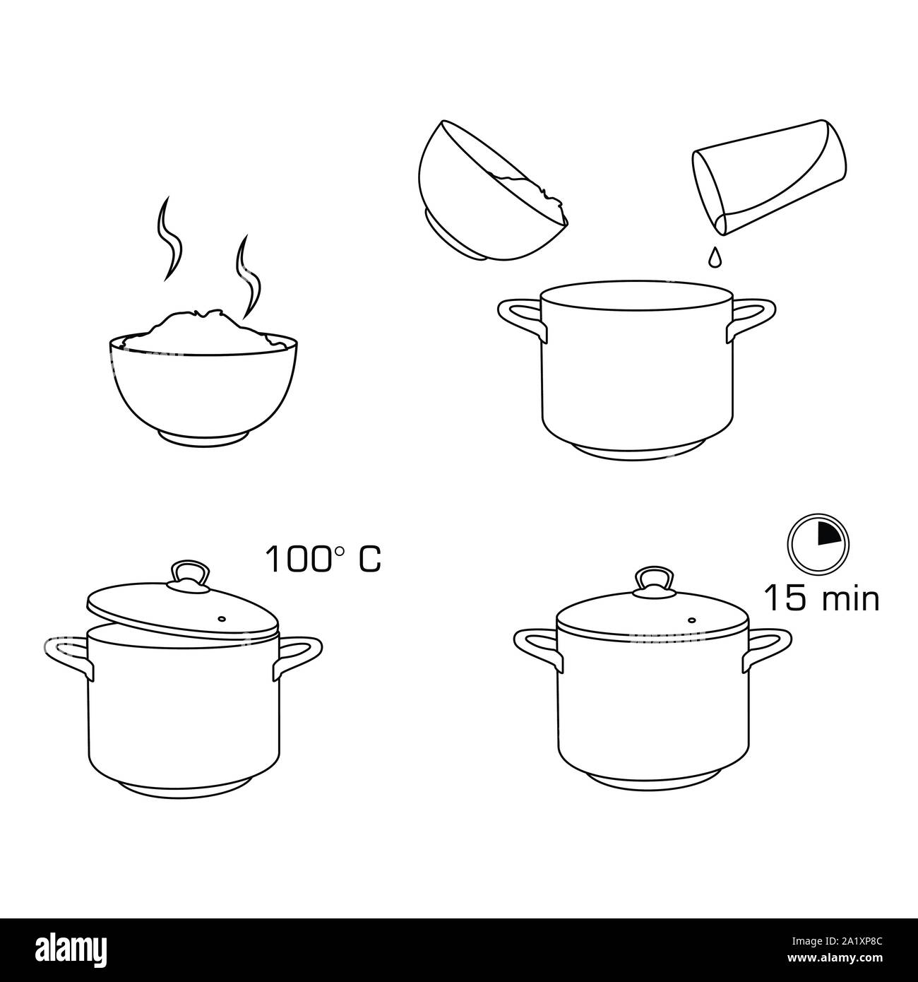 Wie Reis zu kochen mit wenigen Zutaten leichte Rezept. Anweisung für Reis für das Frühstück. Heiße Schüssel mit leckerem Essen. Stock Vektor