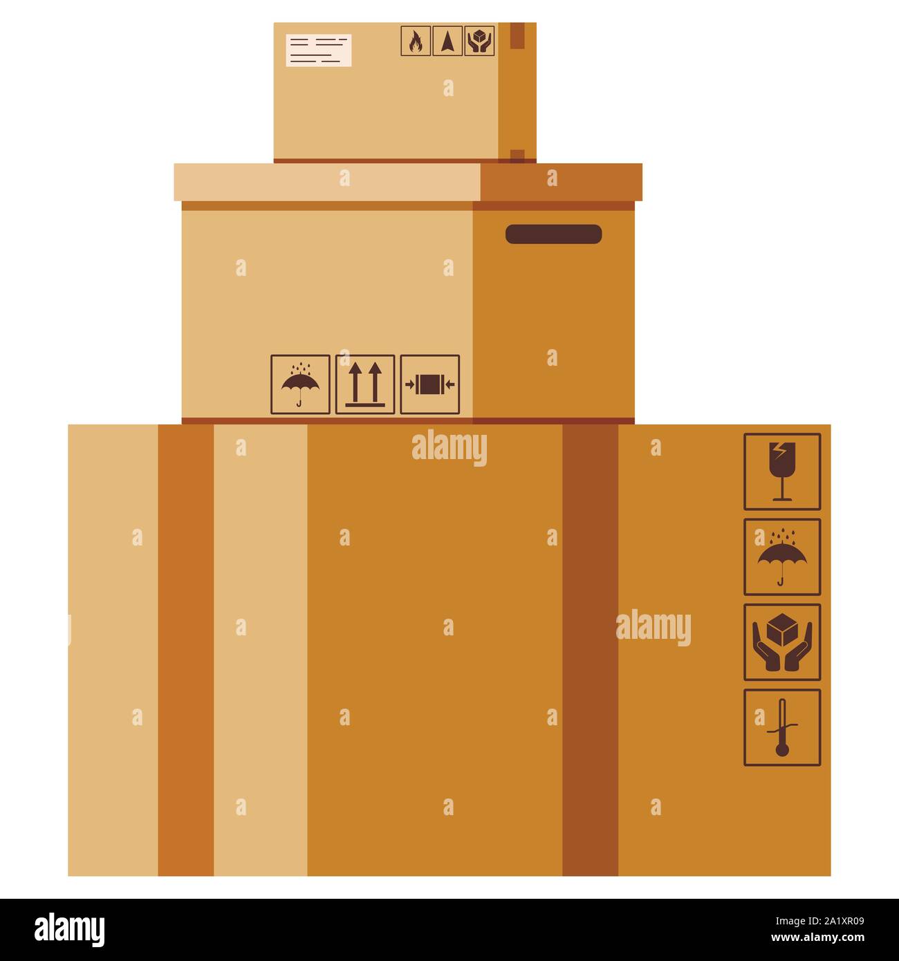 Vektor flache Design Cartoon Stil Abbildung Kartons stapeln mit Verpackung auf weißem Hintergrund singt. Stock Vektor