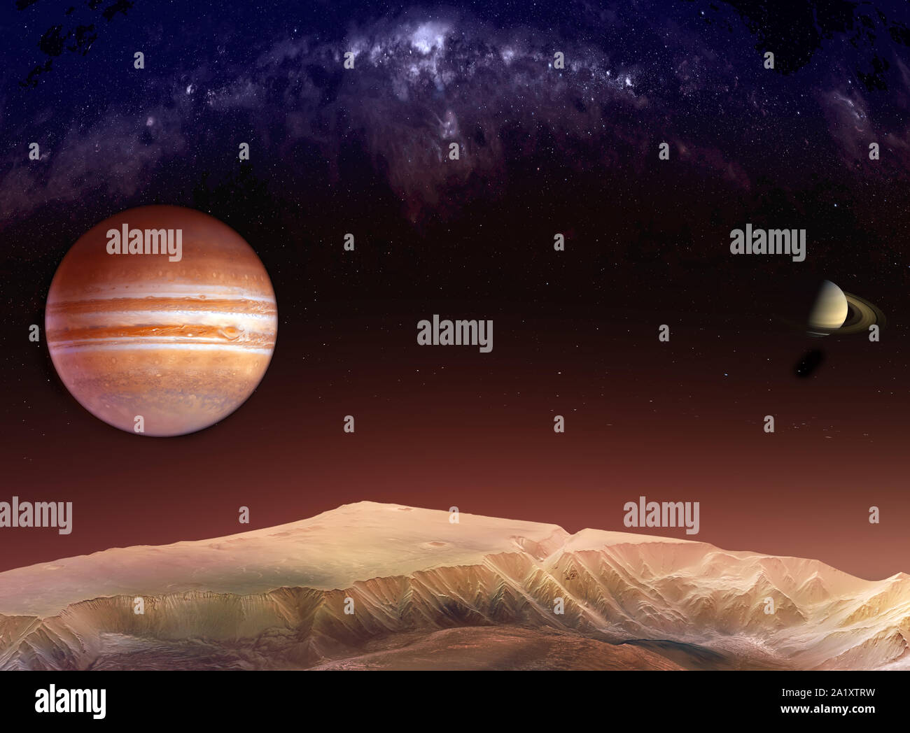Landschaft in den Bergen von Mars mit Blick auf Jupiter und Saturn unter der Milchstraße. Texturen für 3D-Render Planeten Oberflächen von der NASA eingerichtet Stockfoto
