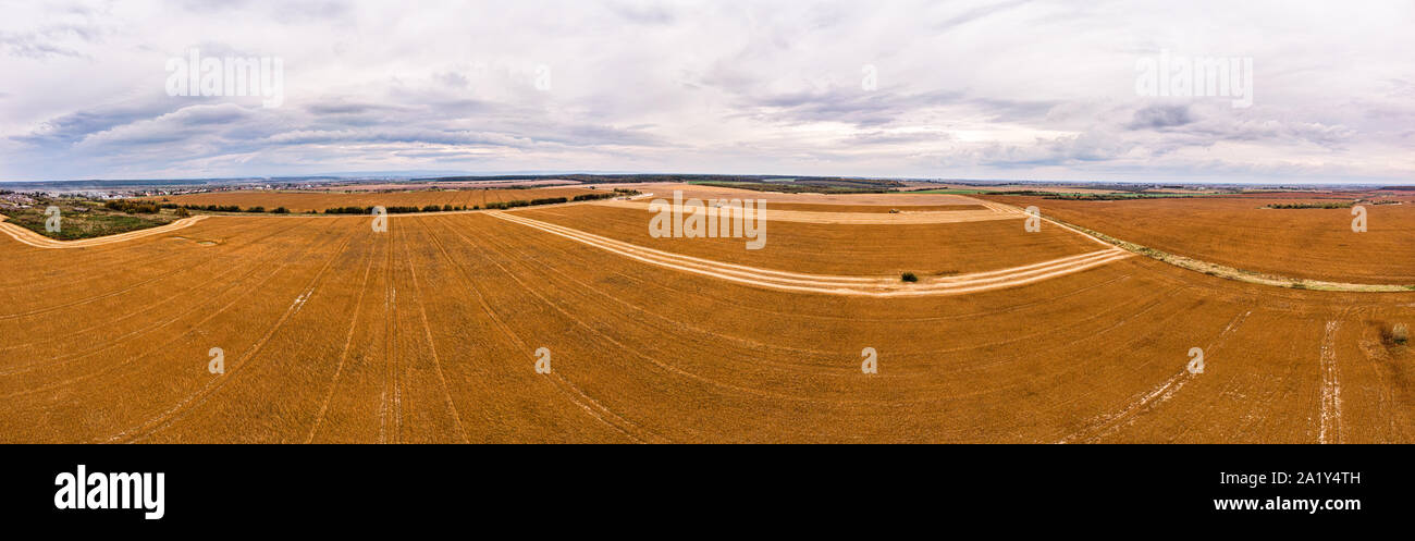 Antenne drone Ansicht der landwirtschaftlichen Nutzflächen. Vereint in der landwirtschaftliche Grundstücke, Ernte. 180 Grad Panoramablick auf die Landschaft. Stockfoto