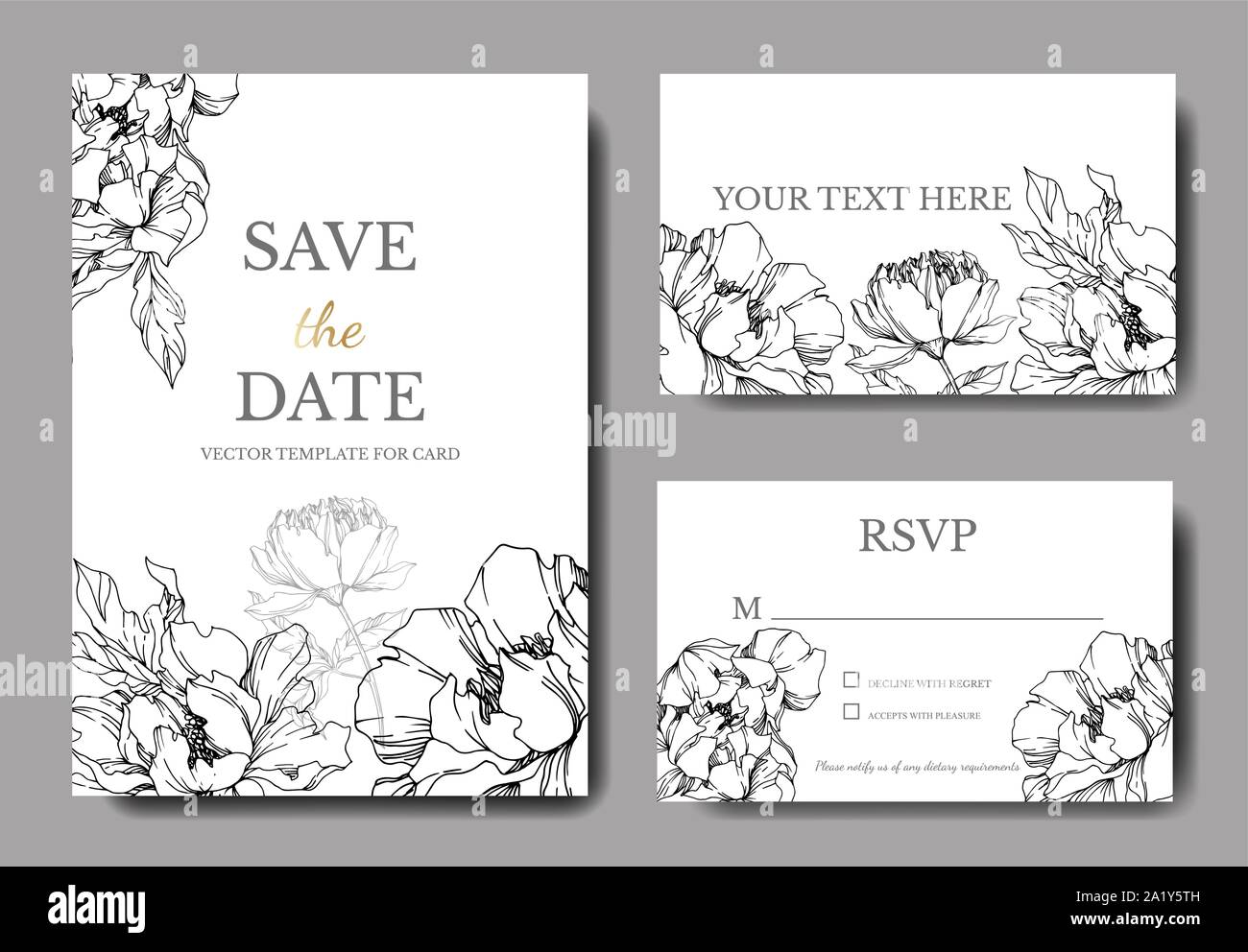 Vektor Pfingstrose botanische Blumen Blumen. Schwarz und weiß eingraviert Tinte Art Hochzeit hintergrund Karte dekorative Grenze. Danke, Rsvp, Einladung elegan Stock Vektor