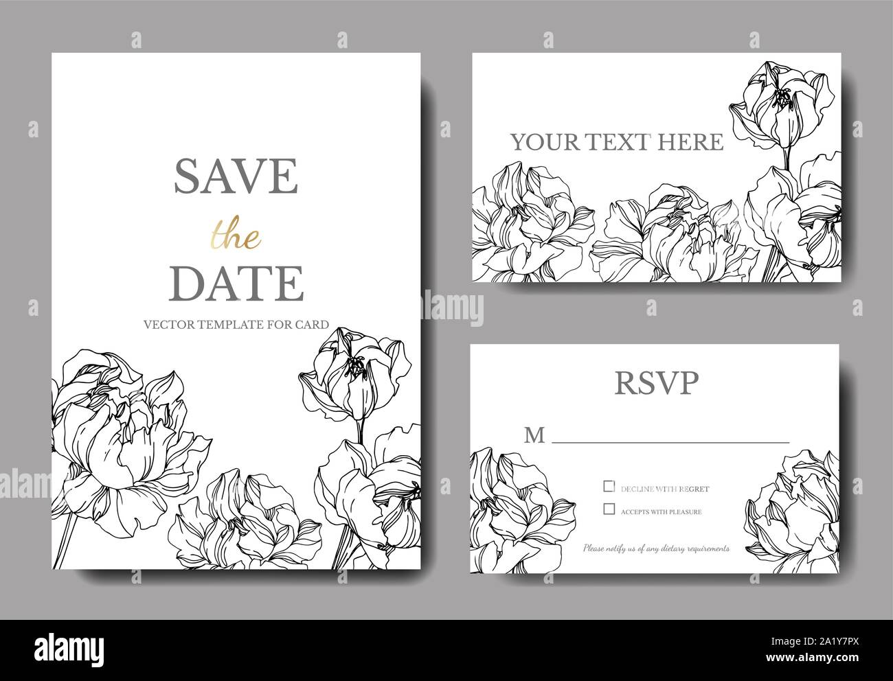 Vektor Pfingstrose botanische Blumen Blumen. Schwarz und weiß eingraviert Tinte Art Hochzeit hintergrund Karte Blumen dekorativ Grenze. Danke, Rsvp, Einladung Stock Vektor