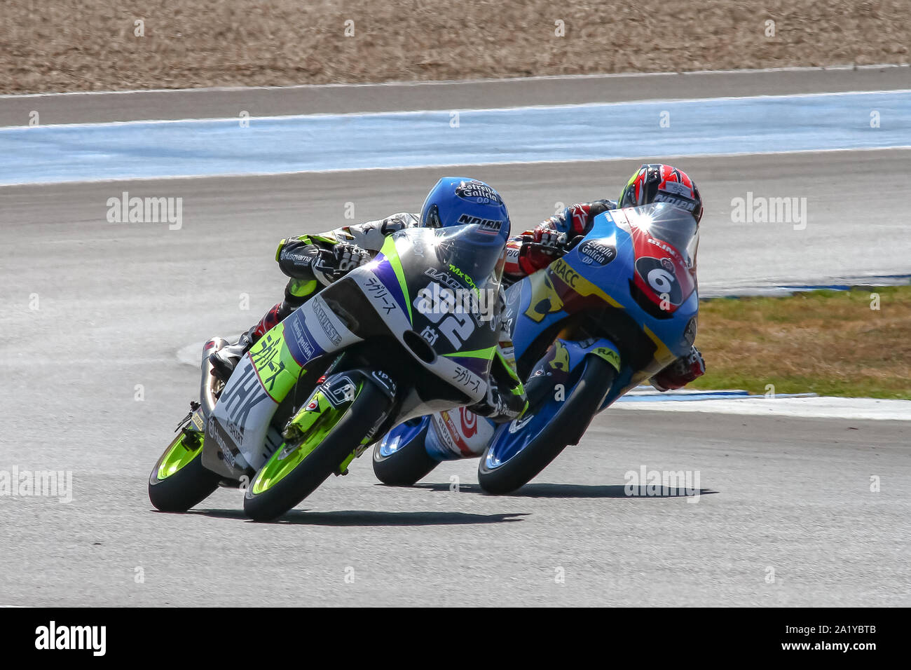 Ryusei Yamanaka #6, Jeremy alcoba Nr. 52, letzte Runde vor der karierten Flagge, Moto3, Sieger der beiden Rennen am Sonntag, FIM CEV 2019, Jerez de la Fronte Stockfoto