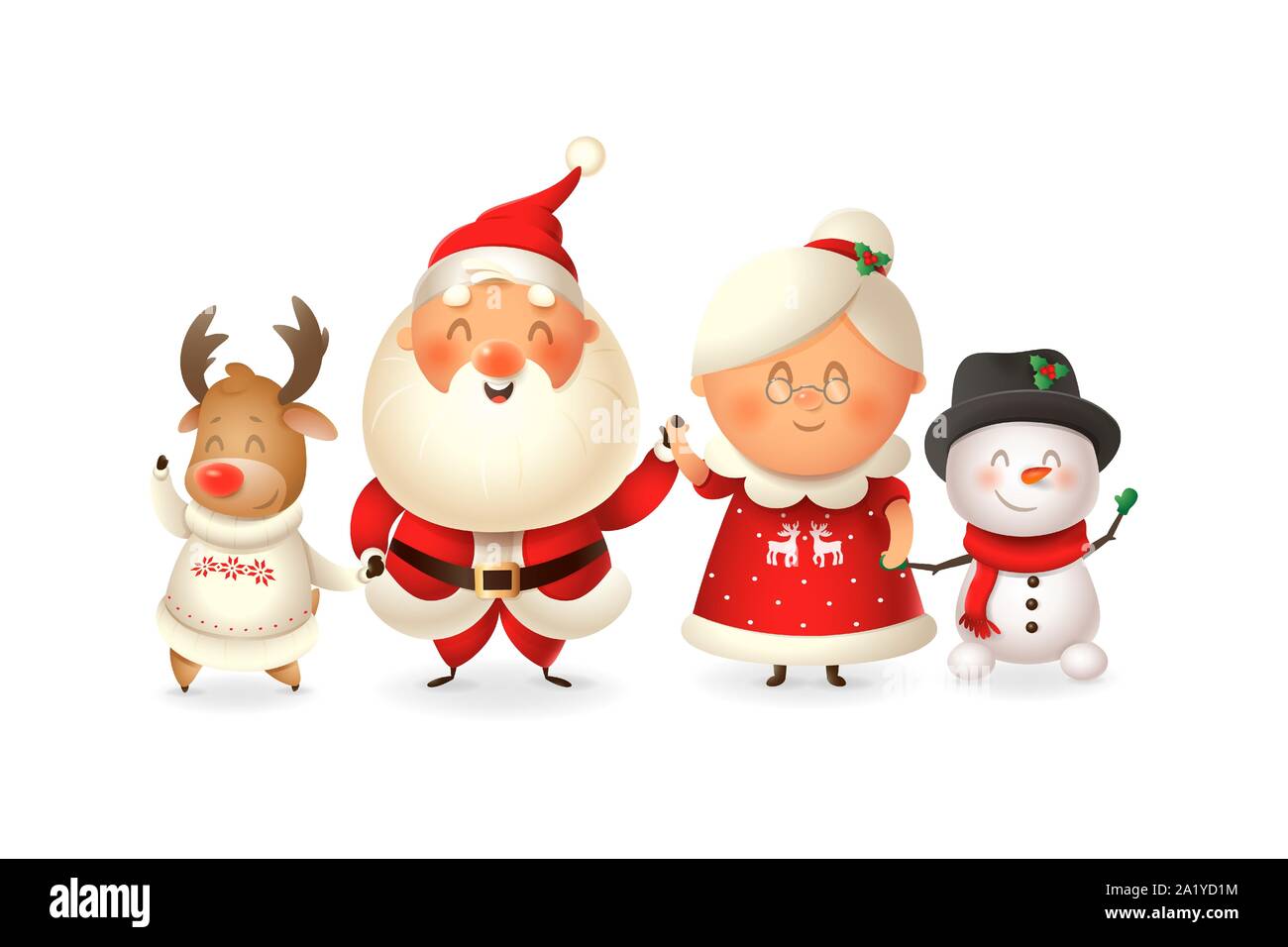 Santa mit der Familie feiern Feiertage - Reinder, Schneemann und Frau Claus-Vector Illustration auf transparentem Hintergrund isoliert Stock Vektor