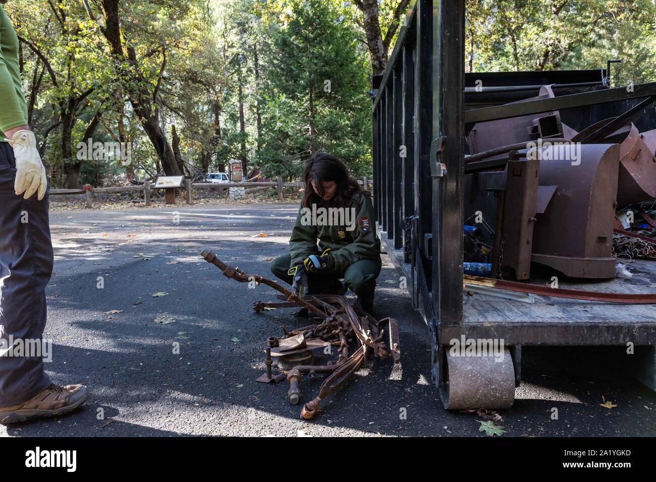 Yosemite Nationalpark, Kalifornien, USA. 29 Sep, 2019. Der Yosemite National Park Ranger prüft Metalle durch eine Yosemite Facelift freiwillige Sonntag Morgen während der 16. jährliche Veranstaltung in Yosemite National Park gesammelt. Artikel 50 Jahre alt werden als archäologische Artefakte und muss entsprechend verwaltet werden. Die umfangreiche parkwide Clean-up-Aufwand wurde von der Yosemite Klettern Association im Jahr 2004 begonnen zu ermutigen, Bergsteiger und andere Besucher den Park am Ende der langen Saison zu reinigen. Dies ist die größte organisierte freiwillige clean up in jedem Nationalpark. Im Jahr 2018 Stockfoto