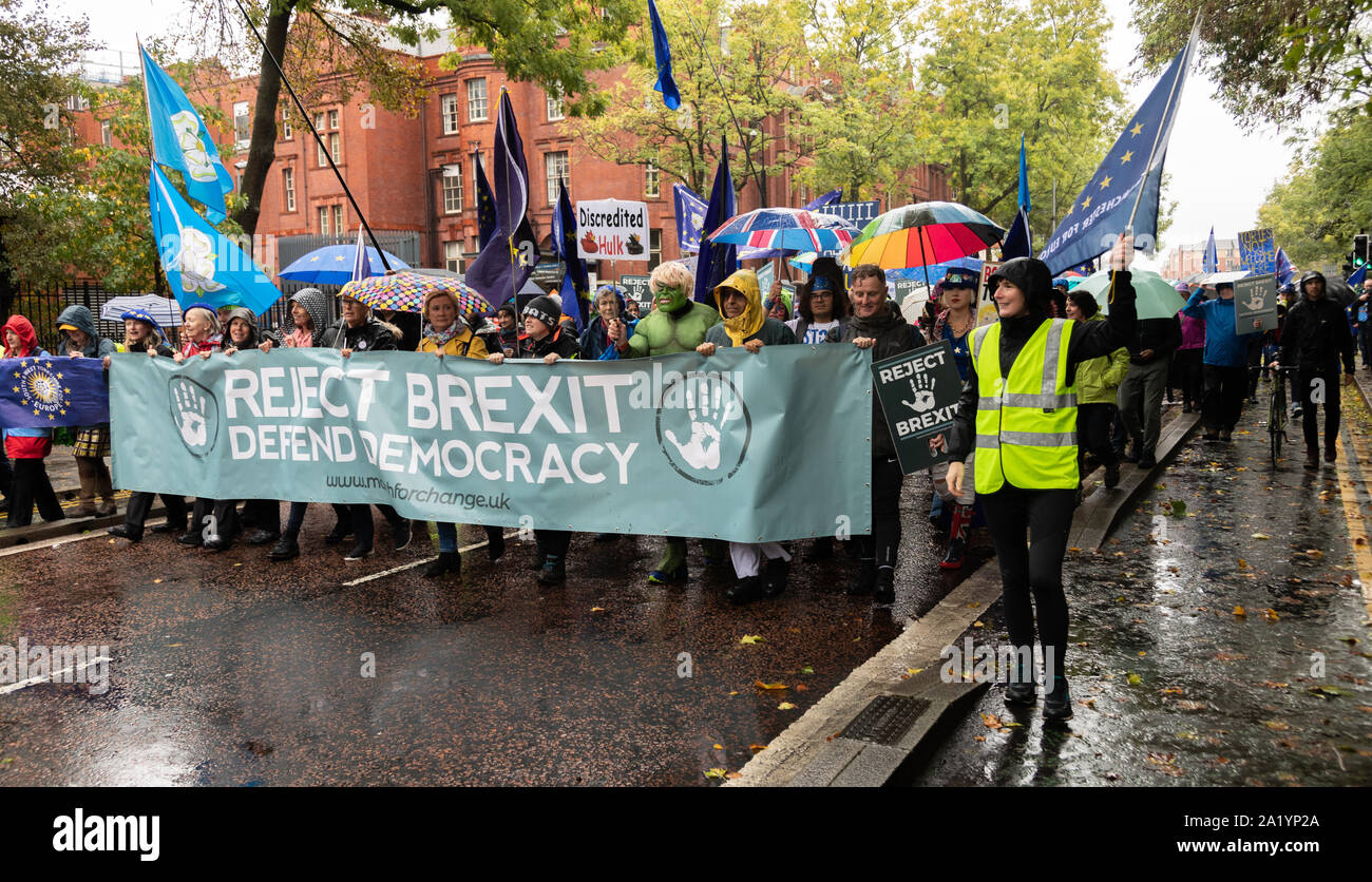 Manchester, Großbritannien. Sonntag, 29 September, 2019. März und Rally Brexit abzulehnen, und unsere Demokratie zu Beginn des Konservativen jährliche Conferen verteidigen. Stockfoto