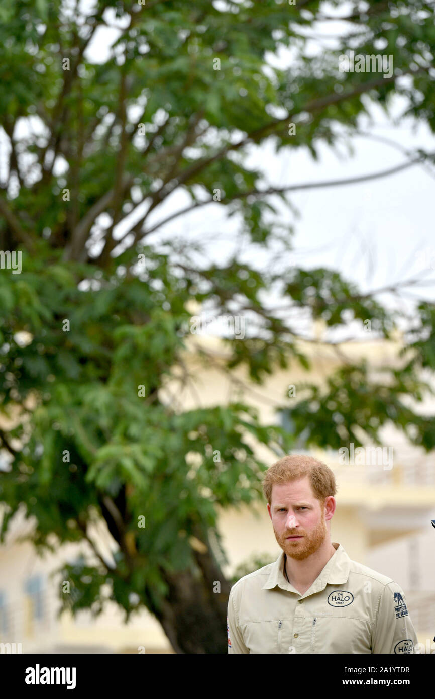 27. September 2019, Huambo, Angola, USA: 27. September 09/2019 - Prinz Harry Duke of Sussex vor dem Diana Tree in Huambo, Angola, am fünften Tag der königlichen Afrika-Tour. Der Duke besucht das Minenfeld, auf dem seine verstorbene Mutter, Diana Princess of Wales, 1997 fotografiert wurde, das heute eine geschäftige Straße mit Schulen, Geschäften und Häusern ist. Foto: ALPR/AdMedia. (Kreditbild: © ALPR/AdMedia) Stockfoto