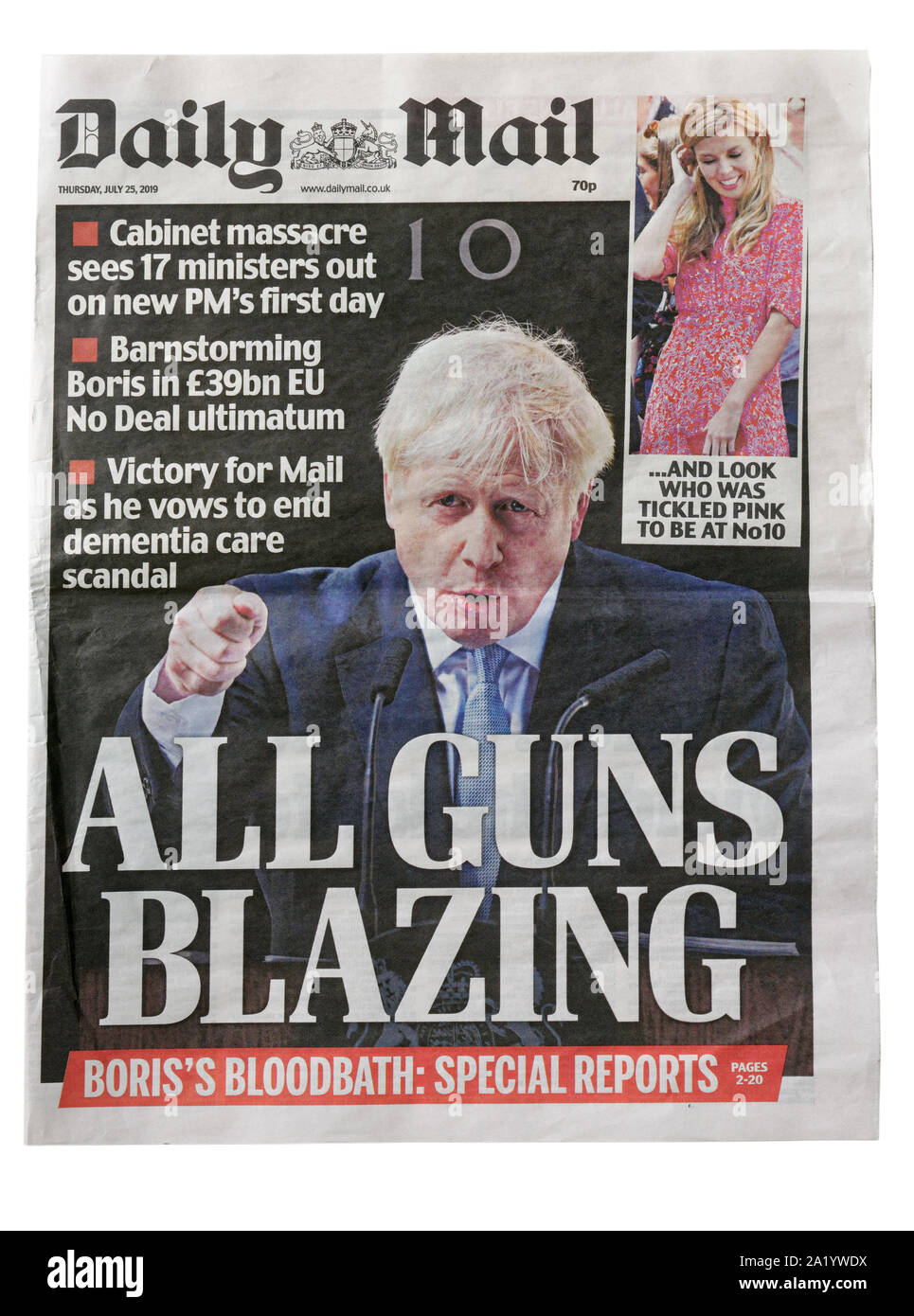 Die Titelseite der Daily Mail vom 25. Juli 2019 mit der Schlagzeile Alle Gins Blazing über Boris Johnsons Wahl in PM Stockfoto
