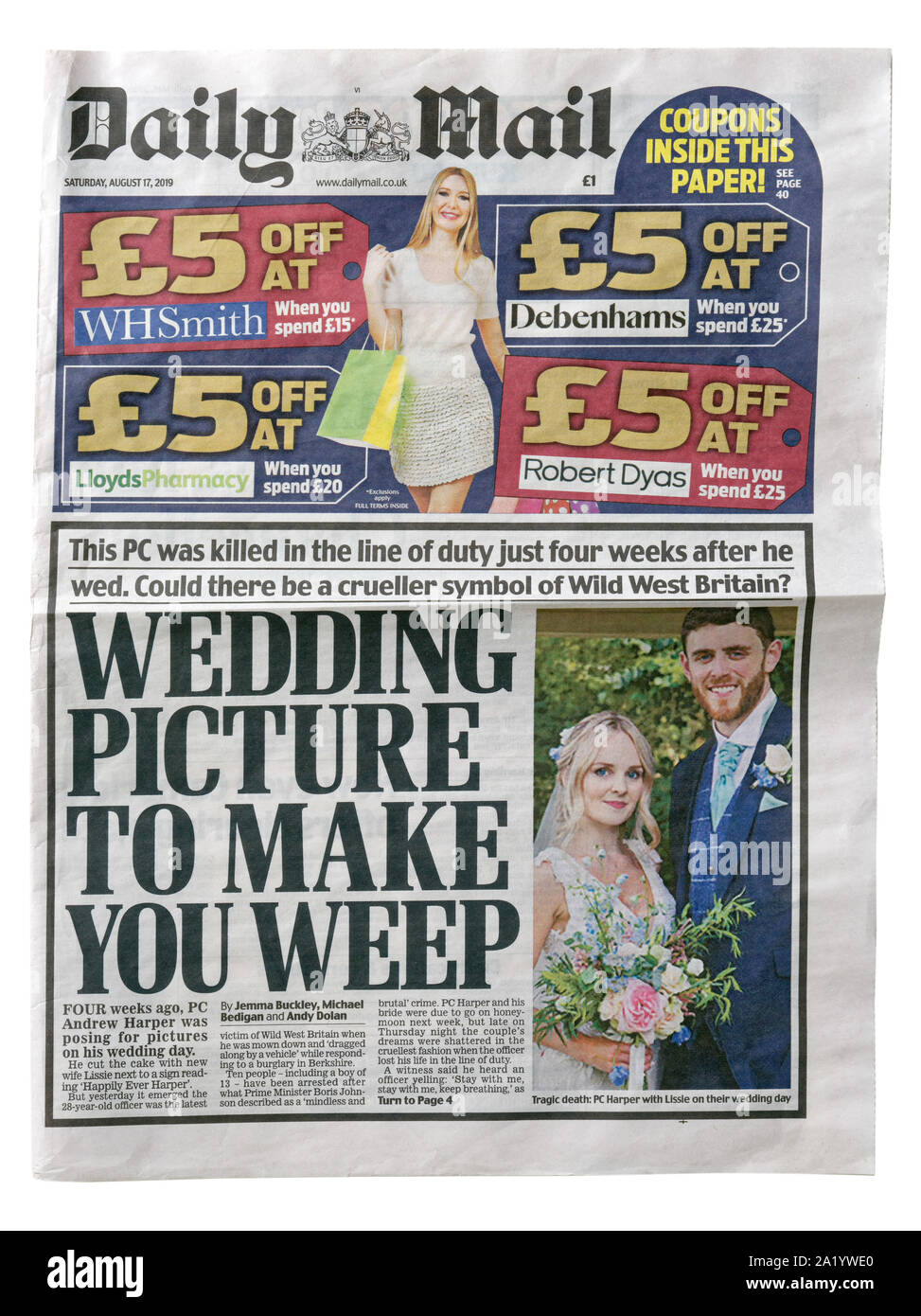 Die Titelseite der Daily Mail vom 17. August 2019 mit der Schlagzeile Hochzeit Bild Sie weint über den Mord an Polizisten Andrew Harper zu machen Stockfoto