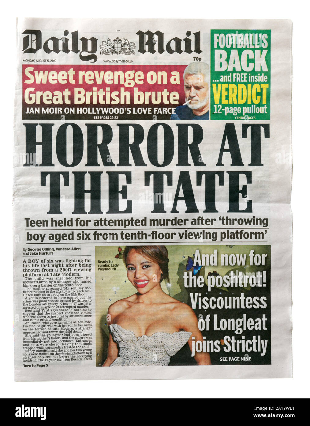 Die Titelseite der Daily Mail vom 5. August 2019 mit der Schlagzeile Horror in der Tate, über das Kind vom Balkon in der Tate Gallery geworfen Stockfoto