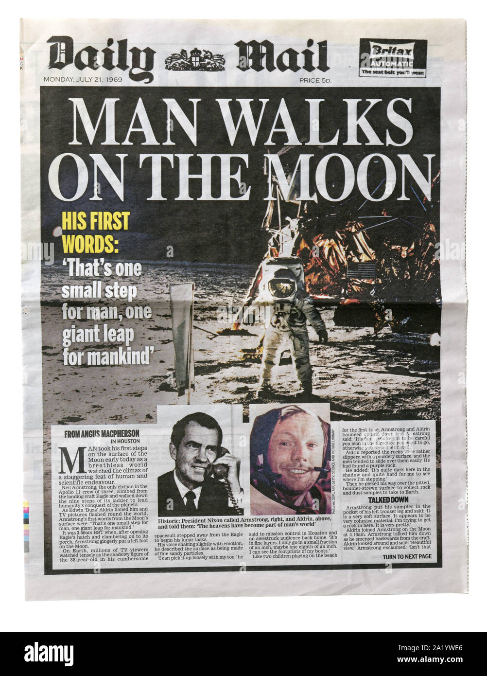 Die Titelseite der Daily Mail vom 21. Juli 1969 mit der Schlagzeile Mann auf dem Mond Stockfoto