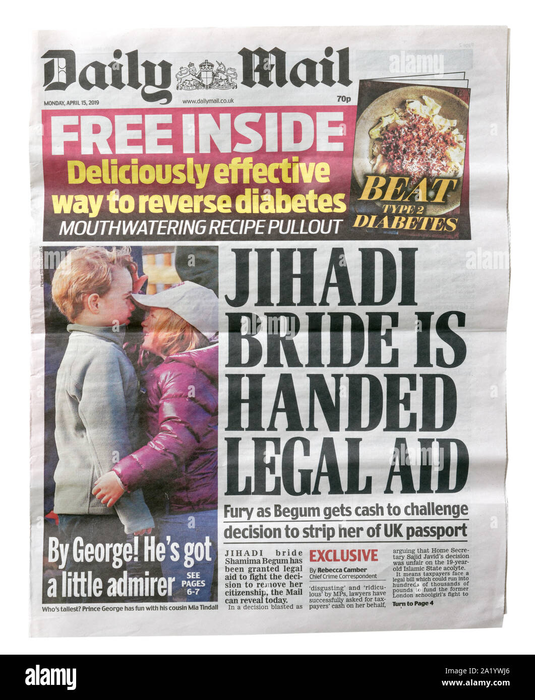 Die Titelseite der Daily Mail vom 15. April 2019 mit der Überschrift Jihadi Braut übergeben Prozesskostenhilfe über Shamima Begum Verlust der britischen Paß Stockfoto