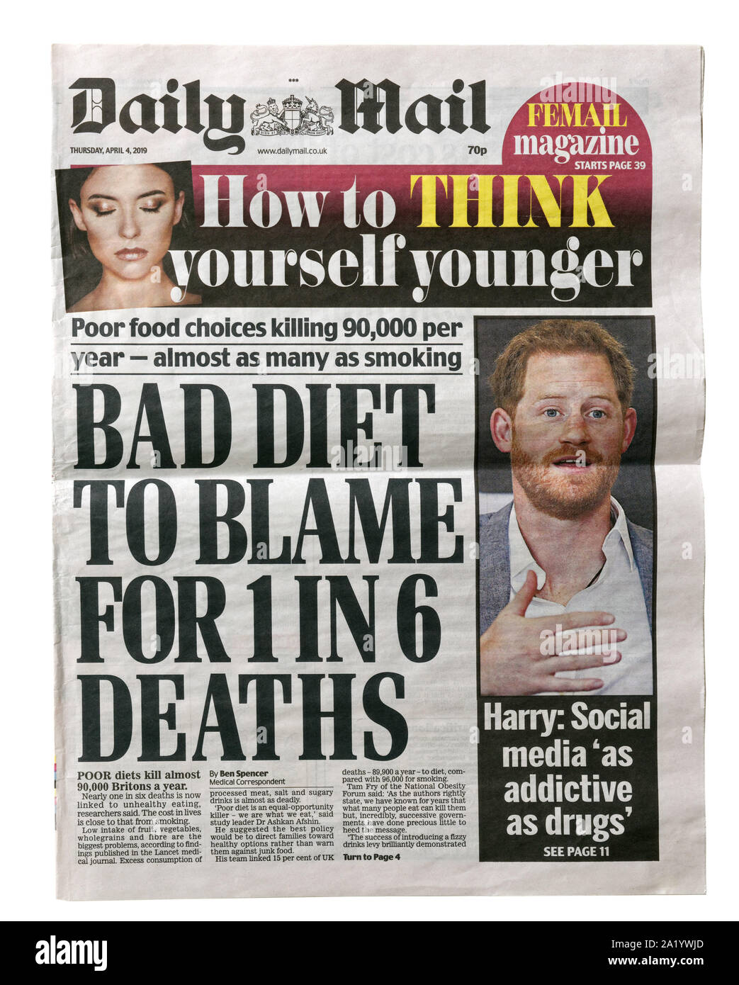 Die Titelseite der Daily Mail vom 4. April 2019 mit der Überschrift schlechte Ernährung Schuld für 1 In 6 Todesfälle Stockfoto