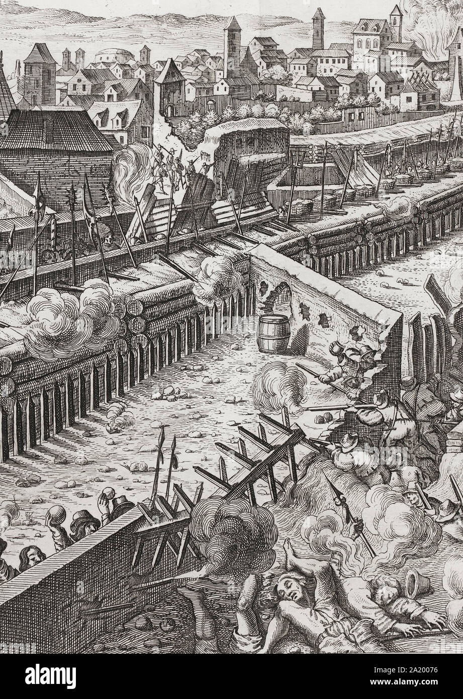 Gravur der Belagerung von Prag während des Dreißigjährigen Krieges 1648 Stockfoto