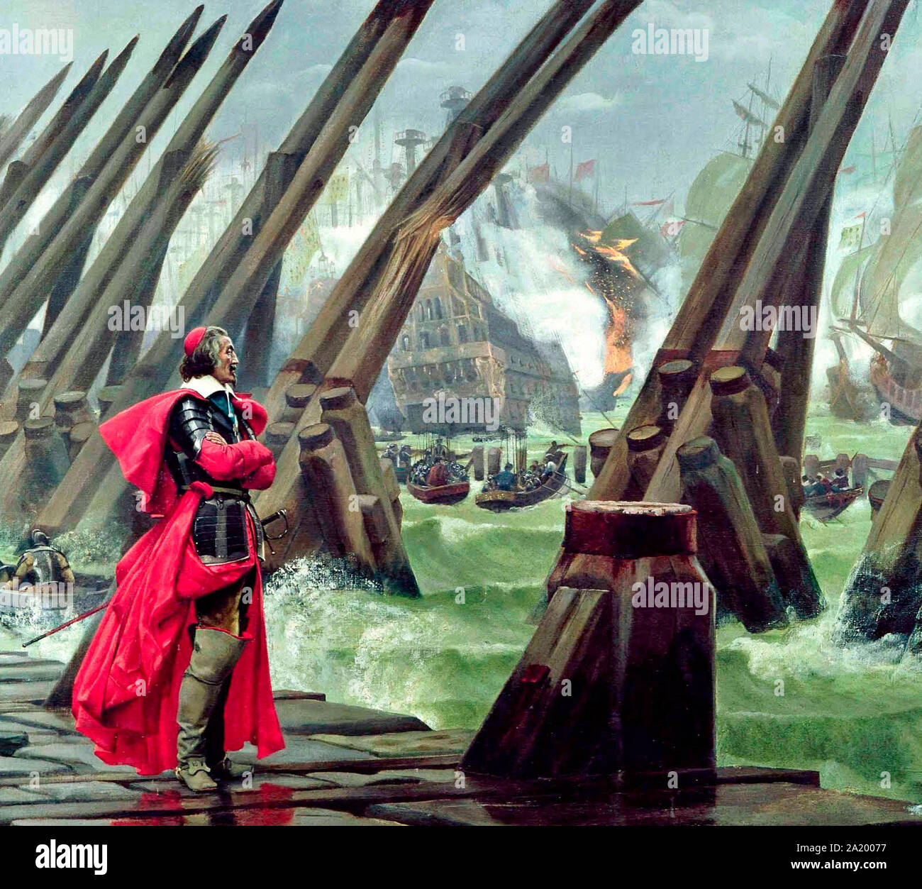 Kardinal Richelieu bei der Belagerung von La Rochelle gegen die Hugenotten (Detail eines Gemäldes von Henri Motte, 1881) Stockfoto