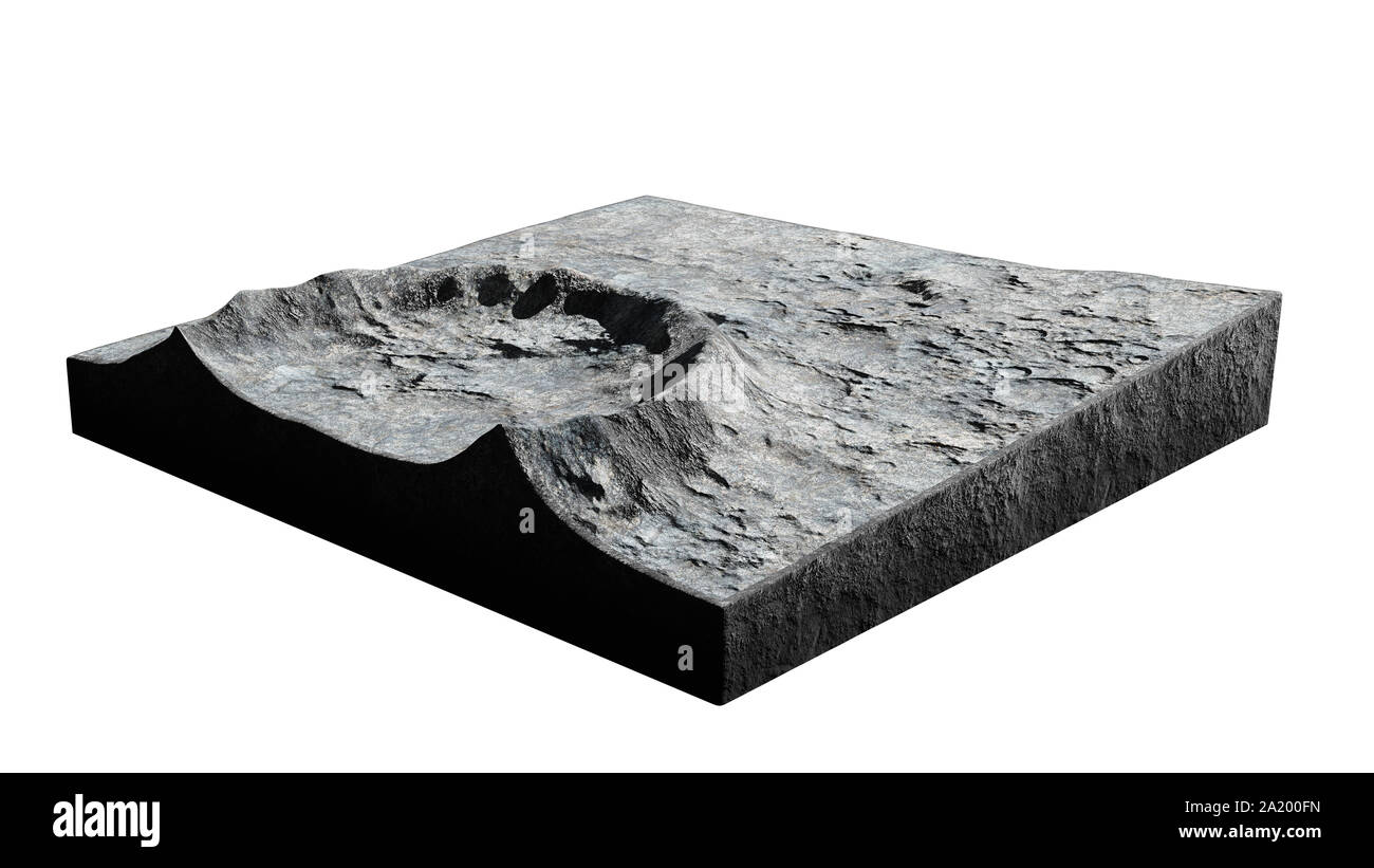Querschnitt eines Krater auf der Oberfläche des Mondes, Geländemodell auf weißem Hintergrund Stockfoto