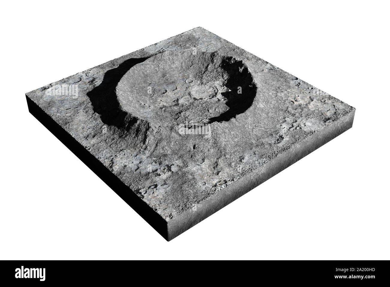 Querschnitt der Krater auf der Oberfläche des Mondes, auf weißem Hintergrund Stockfoto