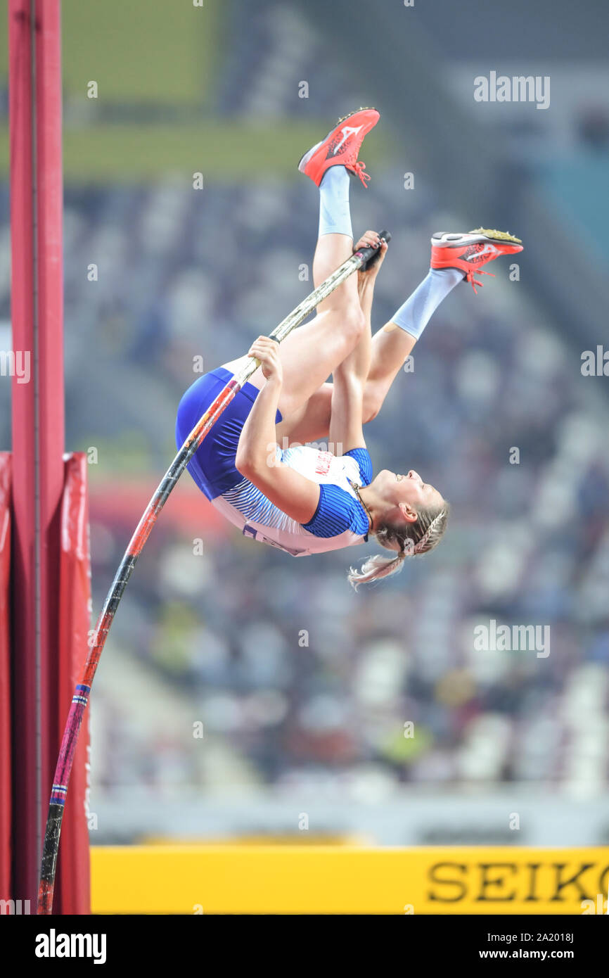 Holly Bradshaw (Großbritannien). Stabhochsprung Frauen Finale. IAAF Leichtathletik WM, Doha 2019 Stockfoto