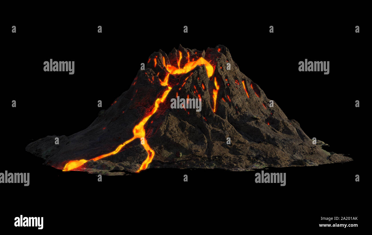 Vulkanausbruch, Lava unten kommt ein Berg, auf schwarzem Hintergrund Stockfoto