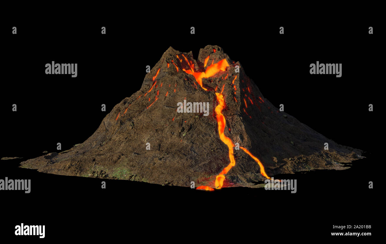 Vulkanausbruch, Lava unten kommt ein Berg, auf schwarzem Hintergrund Stockfoto