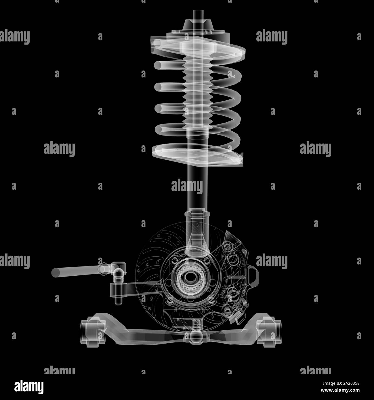 X-ray Auto Suspension und Bremsscheibe auf schwarzen Hintergrund, 3D-Darstellung Stockfoto