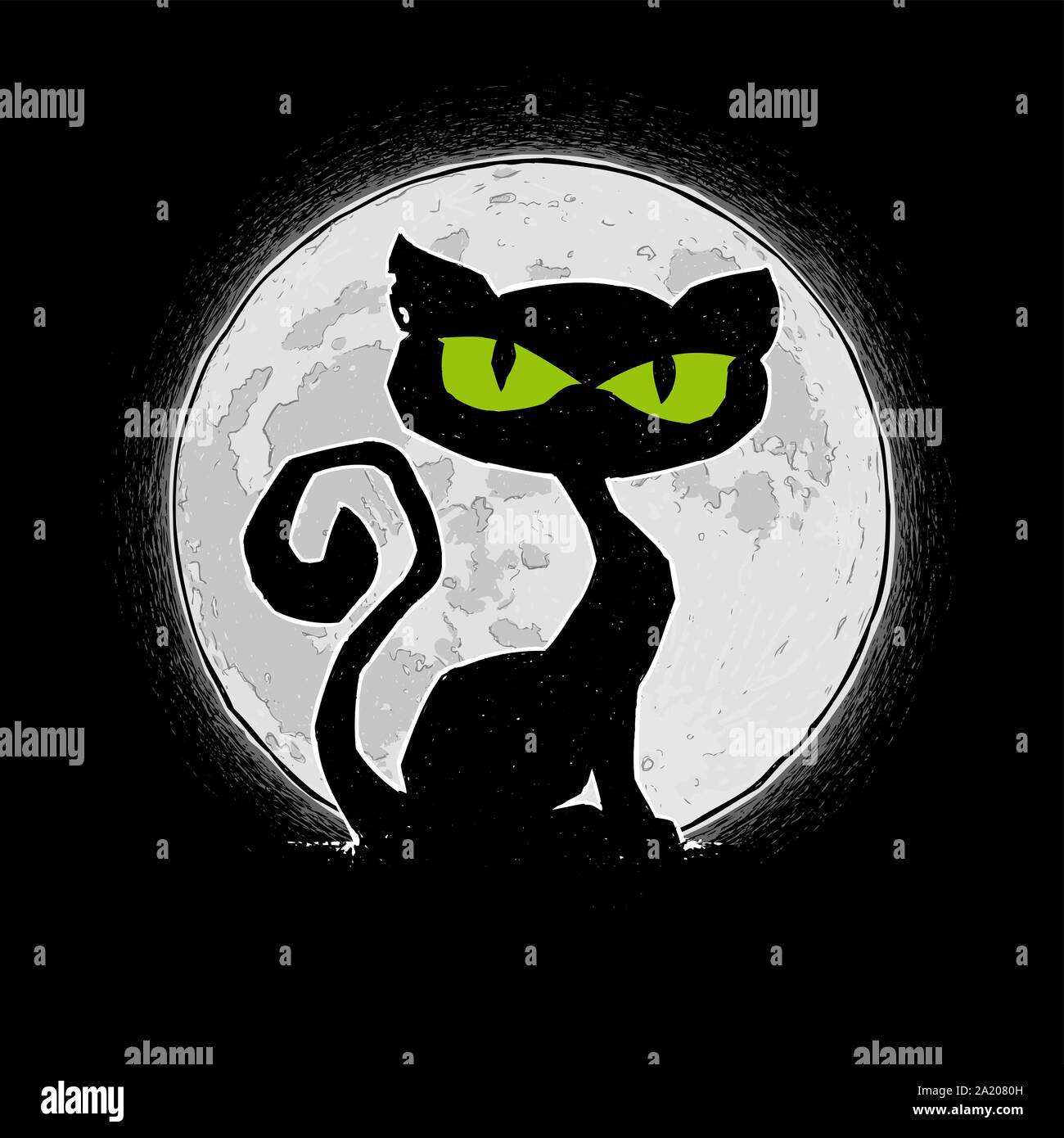 Freie Hand Halloween Cartoon Abbildung: Schwarze Katze gegen einen Vollmond. Mit Lineart, Schattierungen, Farbe n Hintergrund aller Elemente Vektorisiert ne Stock Vektor
