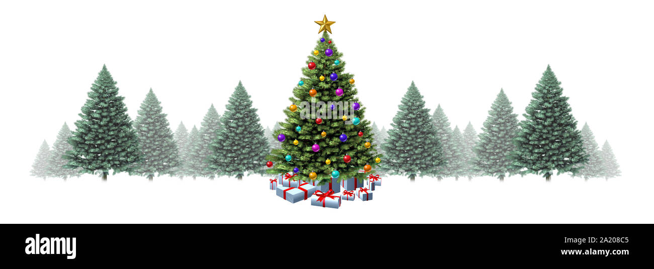 Weihnachtsbaum horizontalen Rand mit Pinien auf einem weißen Hintergrund als festliches immergrünen Wald mit Geschenken und Dekorationen. Stockfoto