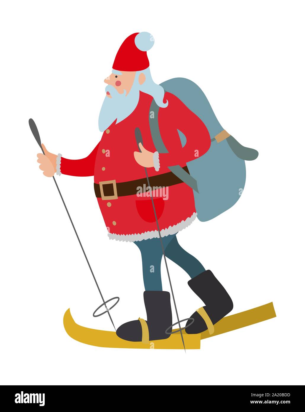 Frohe Weihnachten und guten Rutsch ins neue Jahr. Isolierte Santa Claus mit einem Geschenke in einen großen Rucksack mit Ski auf einem weißen Hintergrund. Vektor niedlichen Illustration für Stock Vektor