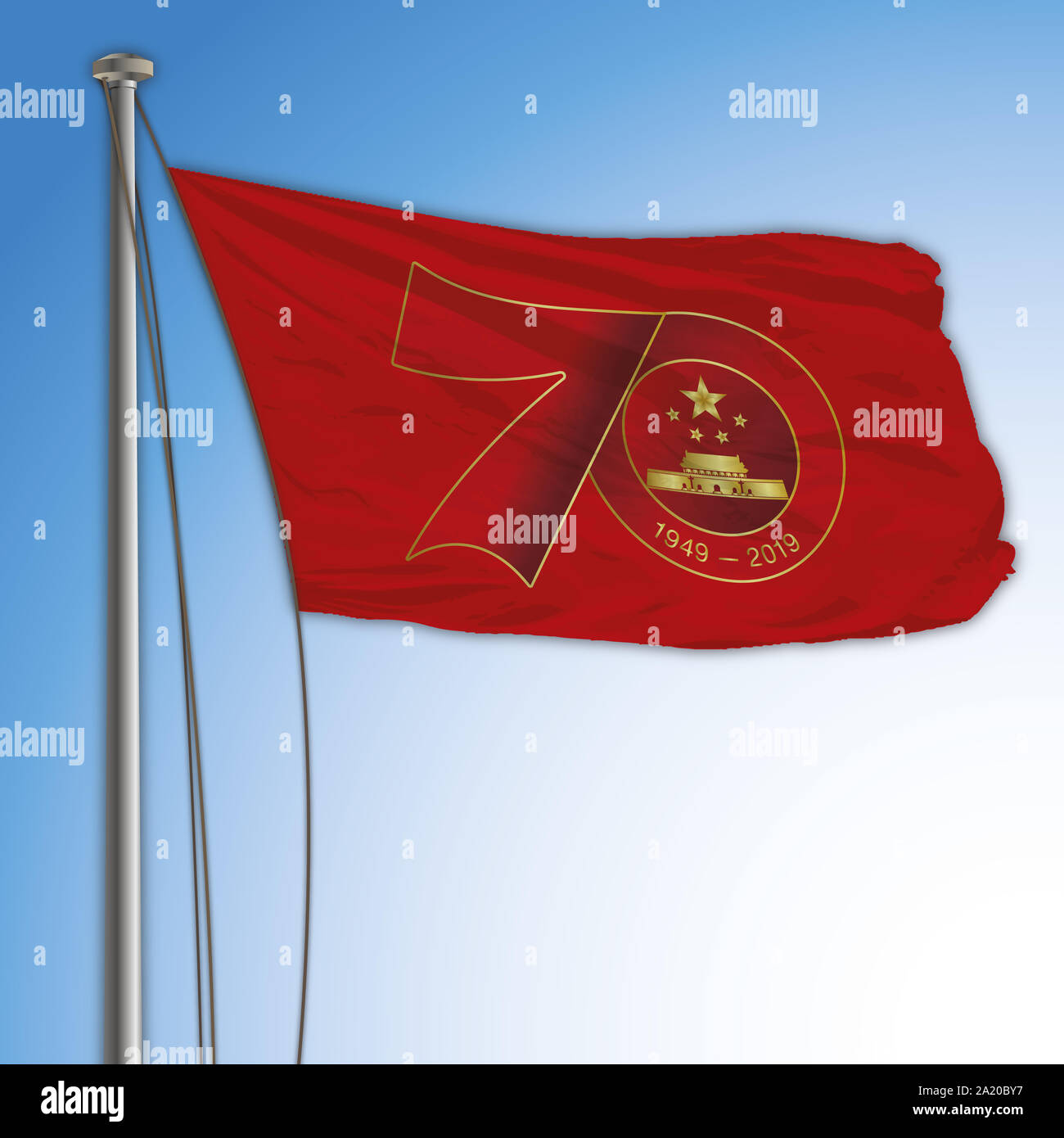 China, Fahne mit dem Symbol des siebzigsten Jahrestag der Gründung, 1949-2019 Stockfoto